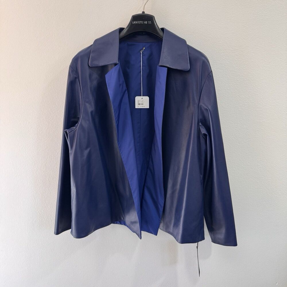 NWT Lafayette 148 New York Jacket Coat $998 M Leather Reversible Blue Drapey